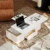 48" Ivory Saddle Leather Lift-Top Coffee Table with 2 Drawers