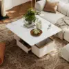 48" Ivory Saddle Leather Lift-Top Coffee Table with 2 Drawers
