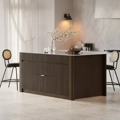 Picture of Mid-Century 72" Glossy Sintered Stone Kitchen Island with Storage, Smoky Brown