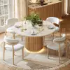 Aura 47" Round Natural Faux Travertine Sintered Stone Dining Table, Fluted Base, Seats 4