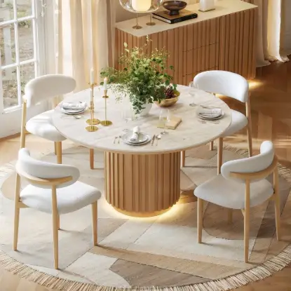 Aura 47" Round Natural Faux Travertine Sintered Stone Dining Table, Fluted Base, Seats 4