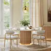 Aura 47" Round Natural Faux Travertine Sintered Stone Dining Table, Fluted Base, Seats 4