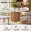 Aura 47" Round Natural Faux Travertine Sintered Stone Dining Table, Fluted Base, Seats 4
