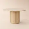 Aura 47" Round Natural Faux Travertine Sintered Stone Dining Table, Fluted Base, Seats 4