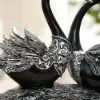 Swan Couple Resin Sculpture in Black & Silver for Home Table Decor