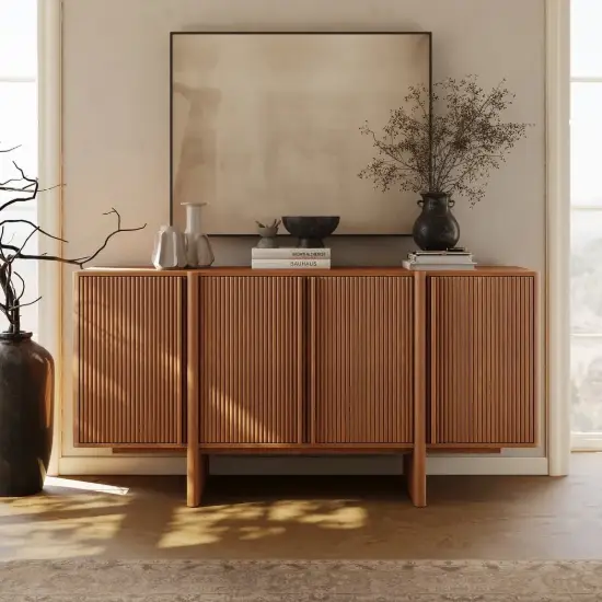 Lineva Mid Century 64" Walnut Wood Fluted Sideboard with Storage & Adjustable Shelves