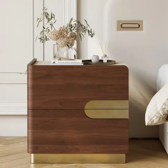 Hovra 2-Drawer Nightstand with Charging Station & Travertine Sintered Stone Top