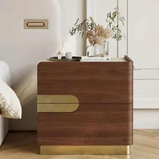 Horva 2-Drawer Nightstand with Charging Station & Travertine Sintered Stone Top