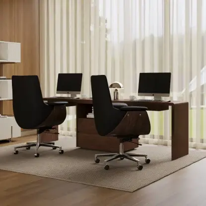Walnut Double Desk with Drawers & 2 Black PU Leather Modern Home Office Chairs