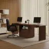 Walnut Double Desk with Drawers & 2 Black PU Leather Modern Home Office Chairs