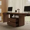 Walnut Double Desk with Drawers & 2 Black PU Leather Modern Home Office Chairs