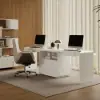 White Double Desk with Drawers & 2 Ivory PU Leather Modern Home Office Chairs