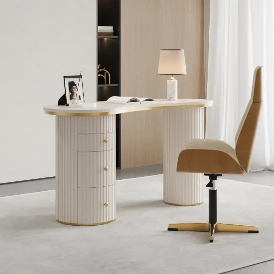 Picture of Warm White Curved Wooden Office Desk & Adjustable Swivel Executive Chair in Beige & Gold