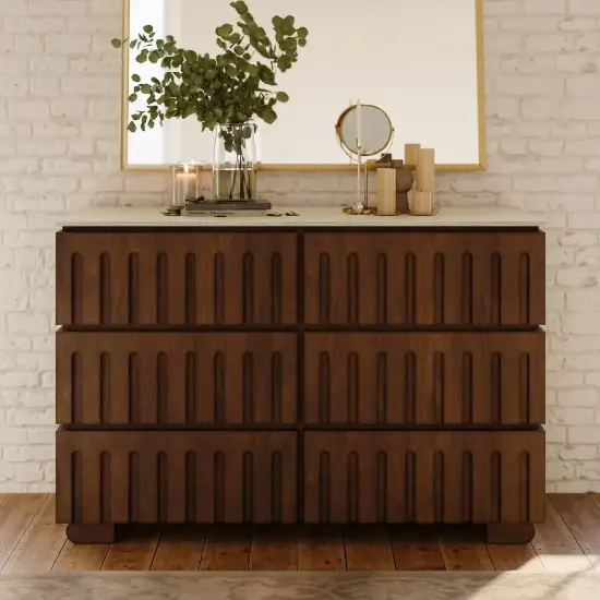 Picture of Florva Modern 47” Ash Wood 6 Drawer Dresser with Faux Travertine Sintered Stone Top