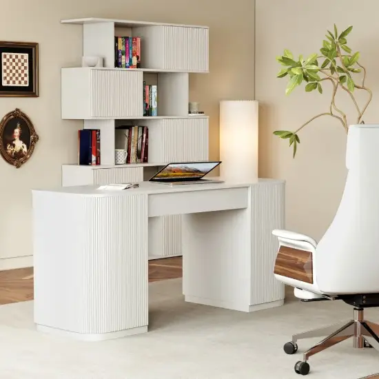 Picture of Modern 60" White Standing Office Desk & Sliding Door Etagere Bookshelf