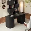 Modern 60" Black Standing Office Desk & Sliding Door Etagere Bookshelf