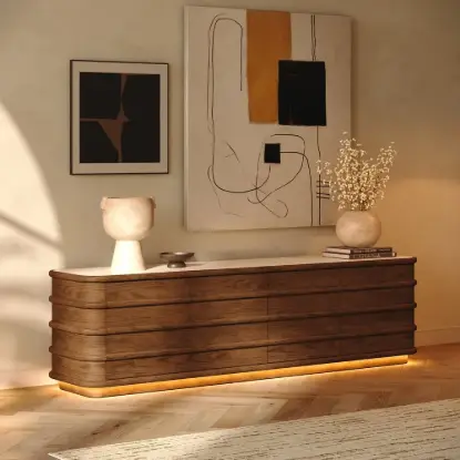 203 cm Ash Wood Walnut TV Stand with Sintered Stone Top, Drawers & LED