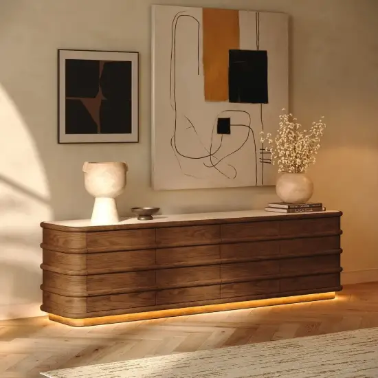 203 cm Ash Wood Walnut TV Stand with Sintered Stone Top, Drawers & LED