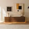 203 cm Ash Wood Walnut TV Stand with Sintered Stone Top, Drawers & LED