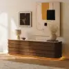 203 cm Ash Wood Walnut TV Stand with Sintered Stone Top, Drawers & LED
