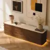 203 cm Ash Wood Walnut TV Stand with Sintered Stone Top, Drawers & LED