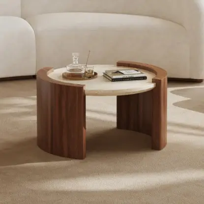 Picture of 28" Walnut Round Coffee Table with Travertine Top