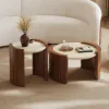 2 Piece Set Walnut Round Coffee Table with Travertine Top (20" - 28")