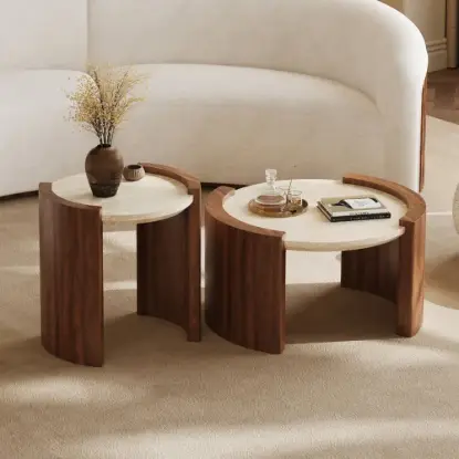 Picture of 2 Piece Set Walnut Round Coffee Table with Travertine Top (20" - 28")