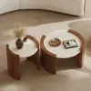 2 Piece Set Walnut Round Coffee Table with Travertine Top (20" - 28")