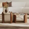 2 Piece Set Walnut Round Coffee Table with Travertine Top (20" - 28")