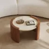 2 Piece Set Walnut Round Coffee Table with Travertine Top (20" - 28")