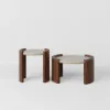 2 Piece Set Walnut Round Coffee Table with Travertine Top (20" - 28")