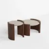 2 Piece Set Walnut Round Coffee Table with Travertine Top (20" - 28")