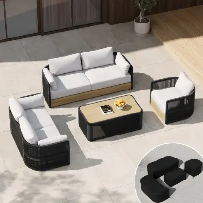 Picture of Costra Modern Aluminium & Rope Outdoor Swivel Sofa Set with Coffee Table & Cover in Black