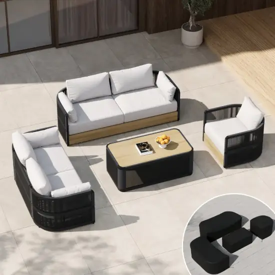Costra Modern Aluminium & Rope Outdoor Swivel Sofa Set with Coffee Table & Cover in Black