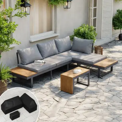Picture of Slatera Outdoor Acacia & Aluminium Modular Sofa Set in Dark Grey with Black Cover