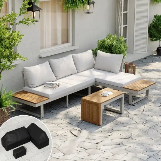 Slatera Outdoor Acacia & Aluminium Modular Sofa Set in Light Grey with Black Cover