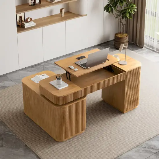 Velign 65" L-Shape Natural Executive Desk with Right-Side Cabinet