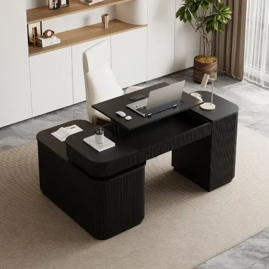 Velign 65" L-Shape Black Executive Desk with Right-Side Cabinet