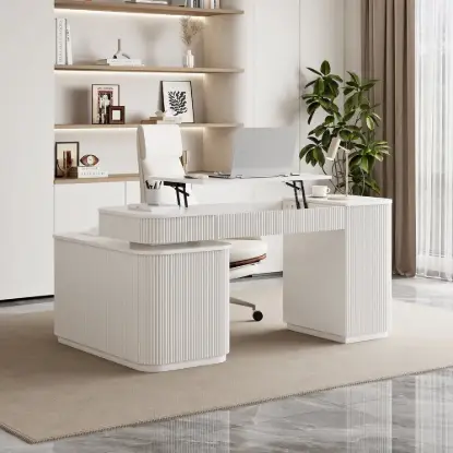 Velign 65" L-Shape White Executive Desk with Right-Side Cabinet