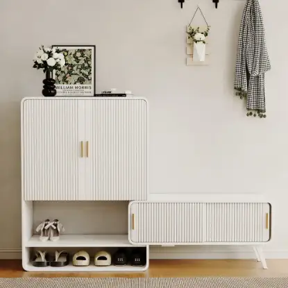37" Warm White Shoe Storage Fluted Entryway Cabinet, Right Hand
