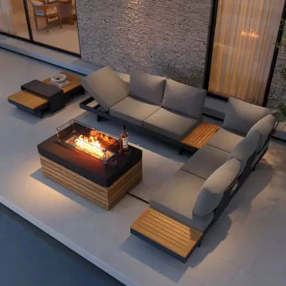 Tevara 5-Piece Modular Teak Outdoor Sofa Set with Smokeless Fire Pit for 6 in Dark Grey