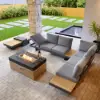 Tevara 5-Piece Modular Teak Outdoor Sofa Set with Smokeless Fire Pit for 6 in Dark Grey