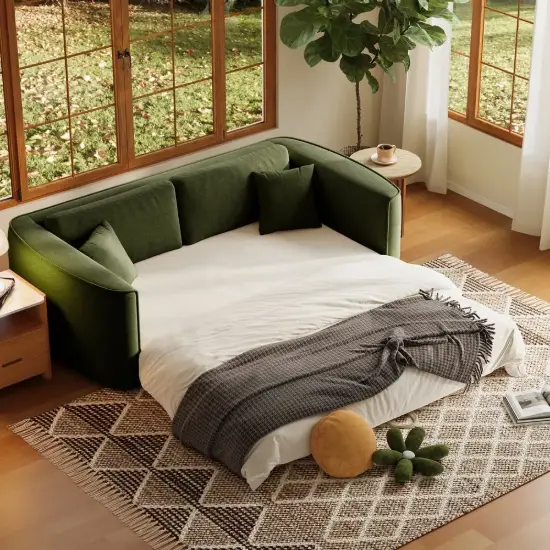 204cm Queen 3-Seater Chenille Fold-Down Sleeper Sofa with Removable Cover