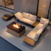 Tevara 5-Pieces Modular Teak Outdoor Sofa Set with Smokeless Fire Pit for 6 in Beige