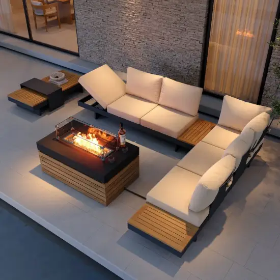 Tevara 5-Pieces Modular Teak Outdoor Sofa Set with Smokeless Fire Pit for 6 in Beige