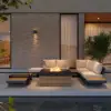 Tevara 5-Pieces Modular Teak Outdoor Sofa Set with Smokeless Fire Pit for 6 in Beige