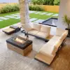 Tevara 5-Pieces Modular Teak Outdoor Sofa Set with Smokeless Fire Pit for 6 in Beige