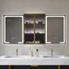 59" Black LED Mirror Cabinet with Centre Storage, 3-Colour Dimmable & Defogger
