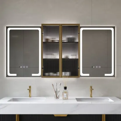 59" Black LED Mirror Cabinet with Centre Storage, 3-Colour Dimmable & Defogger